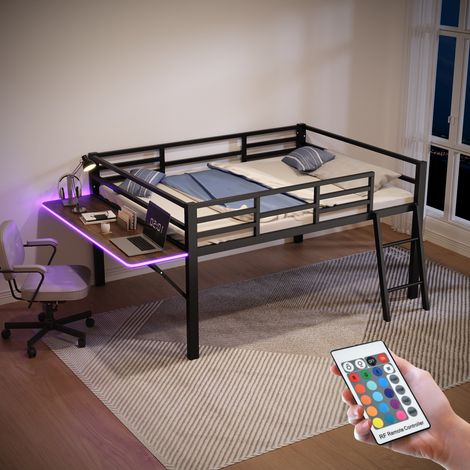Lit mezzanine 140x200 cm, avec bureau rabattable, LED, escalier, cadre en métal, sommier à lattes en bois, clôture de sécurité, lit simple enfant - Noir