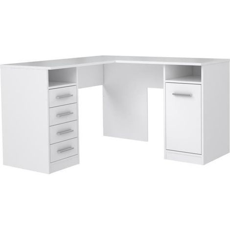 Bureau d'angle 1 porte 4 tiroirs – Décor papier blanc – L 125 x P 125 x H 75 cm – Pour espaces de travail modernes
