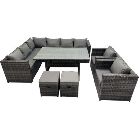 Fimous Outdoor PE Rattan Sofa Set with Dining Table Patio Garden Furniture Sets with 2 Chairs 2 Small Stools Dark Grey Mixed (1/5)
