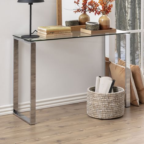 Ebuy24 – Console en verre trempé et métal chromé 110x40x76 cm – Design épuré et léger – Plateau transparent – Pieds chromés