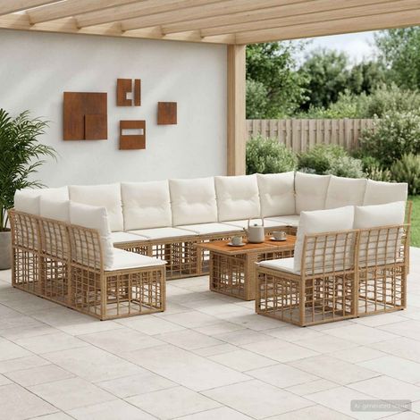 vidaXL Set Divano da Giardino 13 pz Naturale e Bianco Crema polyrattan (1/5)