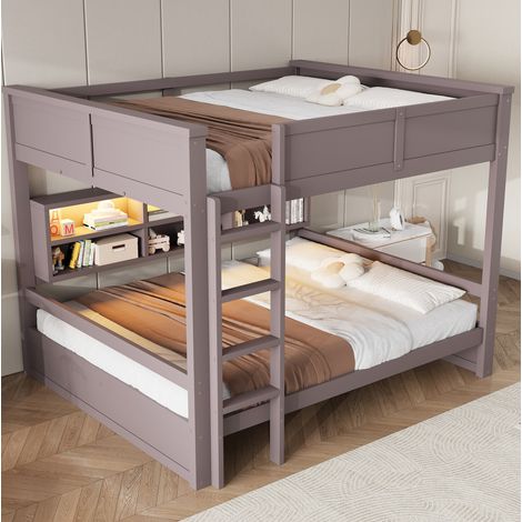 Cama litera moderna de pino macizo y MDF marrón 160x200 cm con cabecero LED, 6 compartimentos y somier de láminas (1/5)