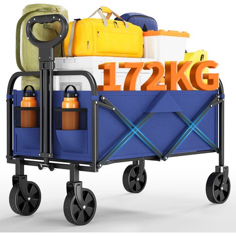 Chariot de jardin pliable 220L Transport robuste à grandes roues tout-terrain Poignée réglable Poches latérales Porte gobelets Capacité 172kg Tissu Oxford 600D - Bleu