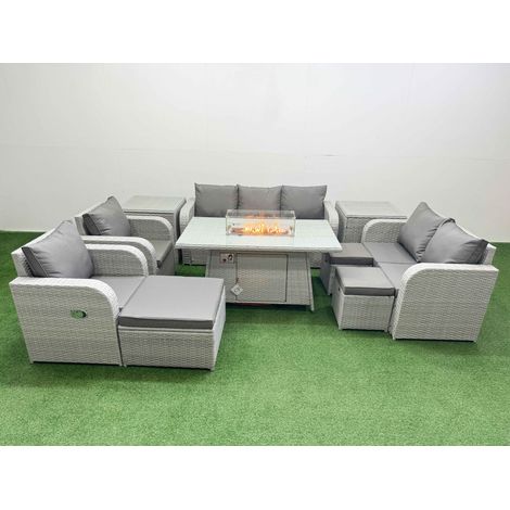 Fimous PE Rattan Garden Furniture Set Reclining Chair Sofa Double Love Seat 2 Seater Sofa Lounge Set Firepit Dining Table 3 Stools 2 Side Table Light Grey (1/4)