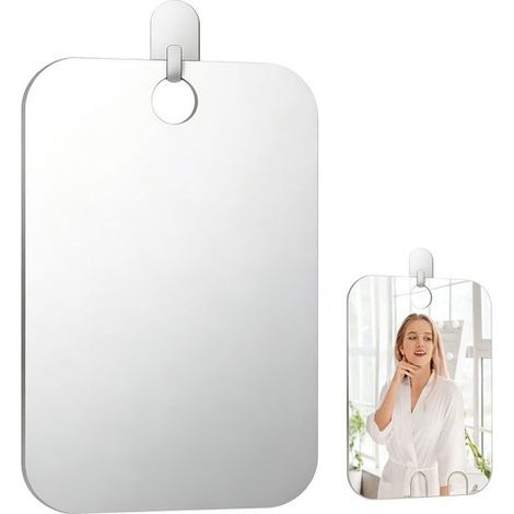 Miroir de douche – Miroir – Miroir de rasage – Anti-buée – Sans crochets – 20 x 25 cm – Acrylique – Argent (1/5)
