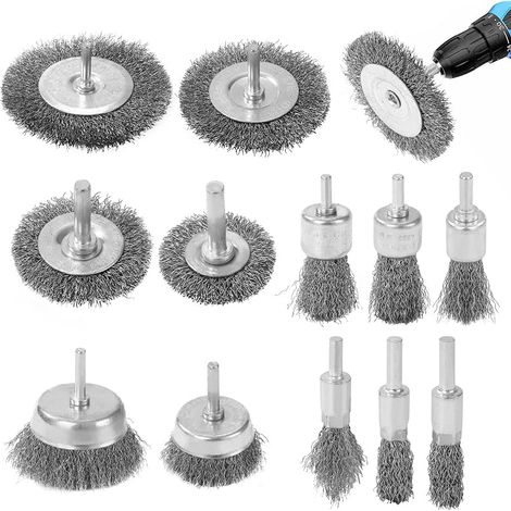 12 pièces de Brosse Métallique pour Perceuse, 6mm Brosse Métallique Perceuse avec Poignée ronde, pour enlever la rouille, la peinture, nettoyer les bavures et la saleté (1/5)