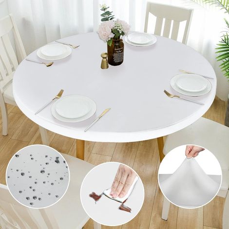 Double Face fit Design PU Round fit Nappe, Ripstop lingette de Table Ronde élastique, Soft Touch, Nappe imperméable à l'eau et à l'huile (Blanc, Ronde 91-99cm) (1/5)