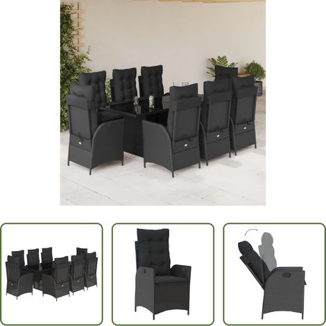 vidaXL Gartentisch - 9-tlg. Garten-Essgruppe mit Kissen Schwarz Poly Rattan (1/5)