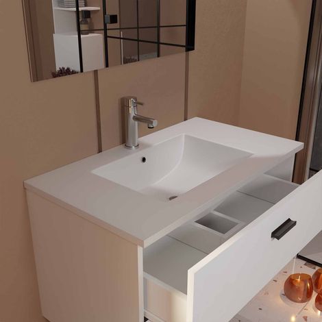 meuble salle de bains 80 cm 2 tiroirs blanc avec vasque blanche, miroir et applique led - box led — vue 2