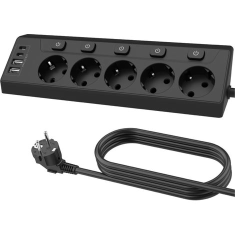 Prise Plan de Travail Cuisine, Multiprises avec 2 Ports USB A et 2 Ports USB C, Multiprise 5 Prises avec Interrupteur, Rallonge Électrique 2m pour Meuble, Canapé, Bureau, Table