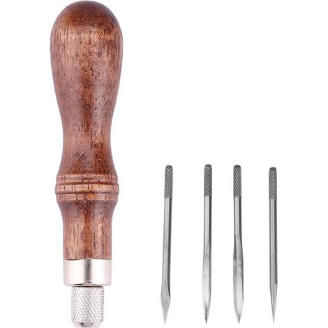 Alène de Couture en Cuir, 4 en 1 Poinçon de Couture en Cuir Machine à Coudre en Cuir Bricolage Outils de Trou Poinçon en Cuir avec Poignée en Bois