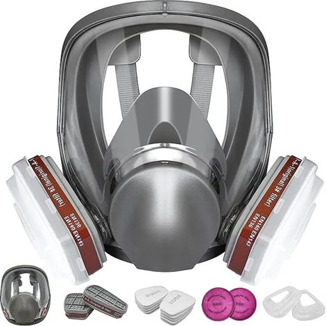Ensemble de masques de protection réutilisables, avec lunettes de sécurité, double filtre, ajustables, gris, taille universelle. Masque de protection, taille unique, avec lunettes de sécurité incluses (1/5)