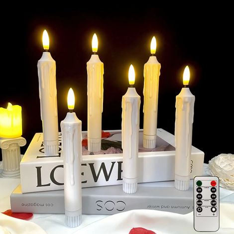 6 Pièces Bougie Conique sans Flamme, Bougie LED à Piles Matériau PP Table à Manger Long Bougeoir Cire Rustique pour Fête d'anniversaire De Noël(Size:16.5 2.1cm,Color:Larmes Blanches) (1/4)