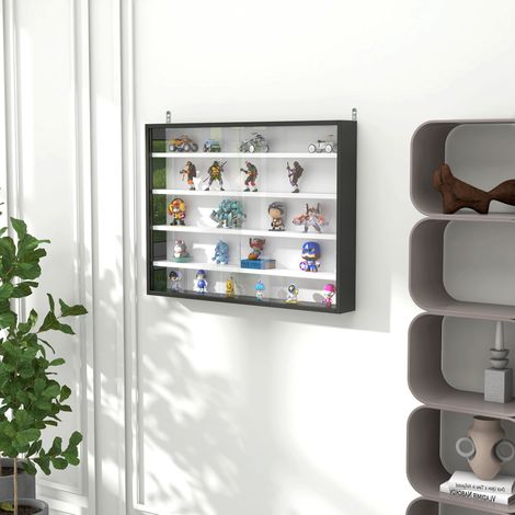 Blanc Noir 80x9,5x60 cm - Vitrine Vitrine murale avec étagères réglables et 2 portes coulissantes en verre pour collections Figurines