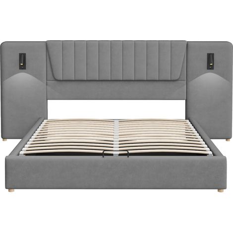 CAIziLit rembourré 180x200 velours, dossier long, USB, lampe, hydraulique gris (1/5)