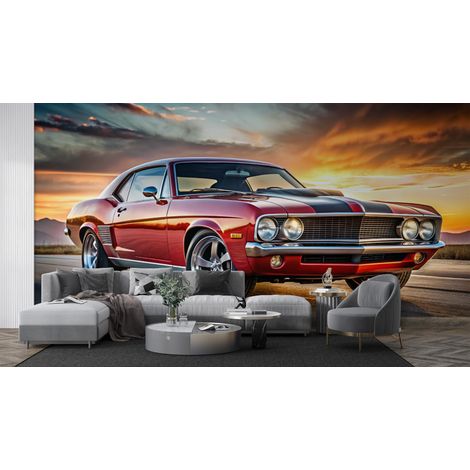 Papier peint voitures - voiture rétro rouge au coucher du soleil - 150 x 250 cm (1/2)