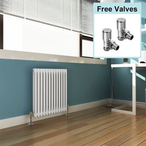 ELEGANT 600 x 592 mm Traditional Cast Iron Style Horizontal Radiator with White Double Column + Angled Radiator Valves (1/5)