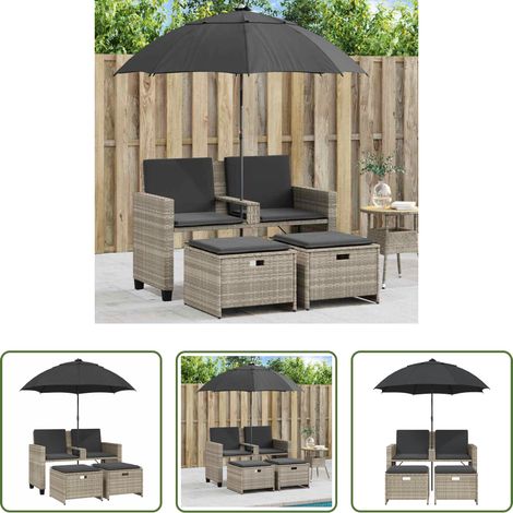 Sonnenschirm - Gartensofa 2-Sitzer Sonnenschirm und Hocker Hellgrau Polyrattan (1/5)