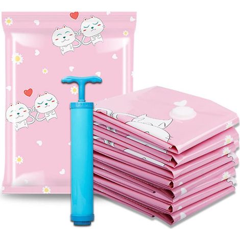 Packung mit 11 wiederverwendbaren Vakuumbeuteln mit Handpumpe, geeignet zum Komprimieren von Kleidung, Kissen und anderen Gegenständen (rosa). (1/5)