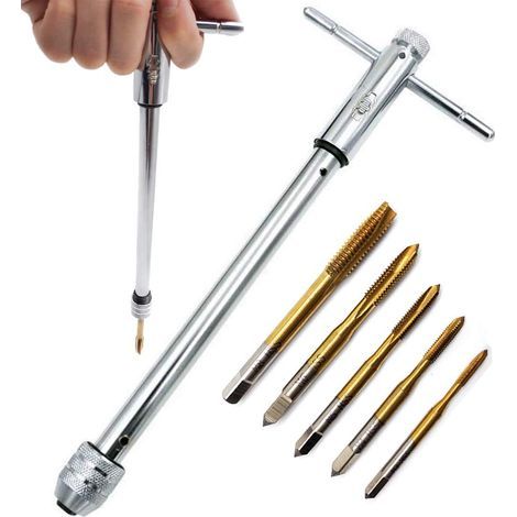 Tarauds à main Set,5 Pièces M3-M8 HSS revêtement en titane Tarauds à fileter Outils de filetage + Allonger Porte-outils avec poignée coulissante pour taraud (1/5)