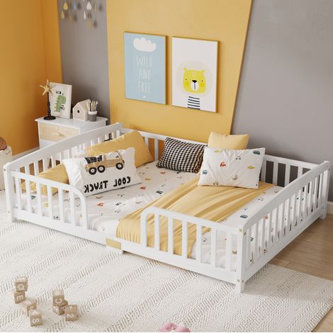 Letto bambino a pavimento 140 x 200 cm con sponde, ingresso centrale, bianco (1/5)