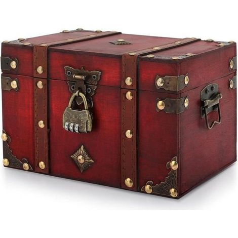 Retro wooden storage box with lock, wooden treasure chest with pirate padlock, wooden box, decorative ornaments