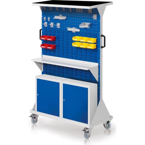 Kappes RasterMobil® mobiler Arbeitsplatzschrank Größe 4 1580x1000x500mm 2x Lochplatte 6x Schlitzplatte mit Auflageboden inkl. Riffelgummimatte und Einhängeschrank 40-teilig enzianblau