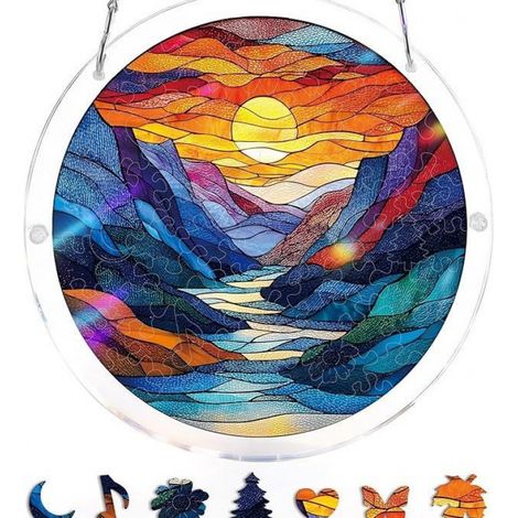 Attrape-soleil puzzle acrylique 83 pièces - Décoration de fenêtre - Vue sur la rivière au clair de lune - 21 x 21 x 2 cm