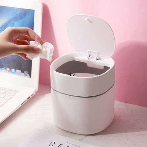 Mini-Büromülleimer – Büroabfalleimer – Kreativer Kunststoffmülleimer mit Druckknopfdeckel – Kleiner Mülleimer für Büro, Bad und Küche (1/5)