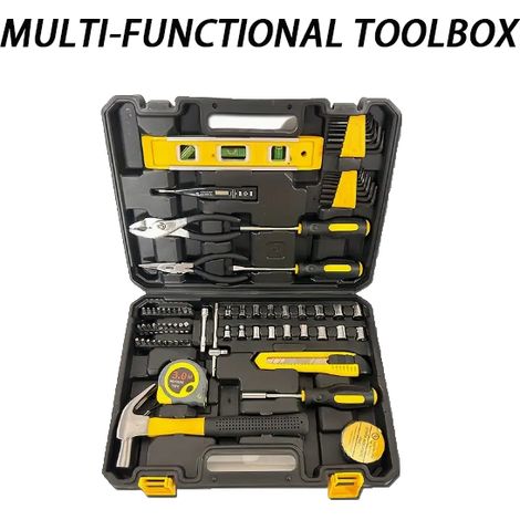 Coffret d'outils 78 pièces pour la réparation à domicile, Comprend niveau, pinces, douilles, embouts de tournevis etc, acier au chrome-vanadium, poignée ergonomique, coffret de rangement portable (1/5)