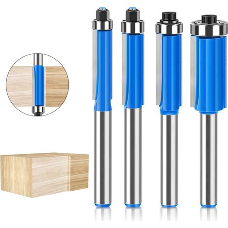 4 Pcs Set Fraise Defonceuse 8mm Tige, Fraise a Copier a Bois, Fraises pour Défonceuses avec Roulement Supérieur, Fraise pour Affleurer, pour Menuiserie Bricolage de Coupe