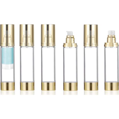 Lot de 6 flacons à pompe sans air de 50 ml, flacons vides transparents pour shampooing, lotion de voyage avec étiquettes pour fond de teint (doré) (1/5)