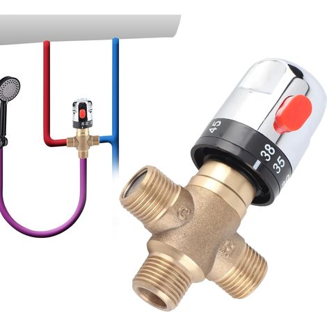 Thermostatic Mixer Tap 3 Way Solid Brass 15mm Temperature Sensitive Hose Basin Control Thermostat Shower Mixer with 1/2" G Connector (1/5)