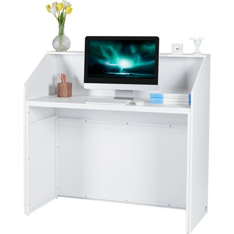 Mophorn Mostrador de recepción de 46,46 pulgadas, mesa de mostrador frontal rectangular, mostrador de caja para oficinas y comercios, para vestíbulos, salones de belleza, color blanco (1/5)