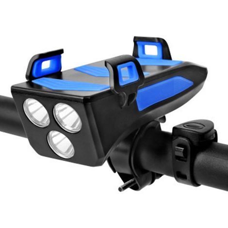 Support téléphone vélo multifonction avec klaxon, batterie externe 2000mAh, feu 3 modes, support guidon bleu (1/4)