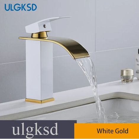 Robinet mitigeur monocommande pour lavabo de salle de bain (White Gold S) avec effet cascade, robinet mitigeur eau chaude/froide à fixation sur plage. (1/5)