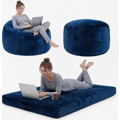 Fauteuil poire géant 3-en-1 convertible 4FT – Canapé-lit surdimensionné mousse à mémoire – Housse flanelle douce amovible lavable – Idéal adulte, salon, chambre, gaming – Bleu (1/5)