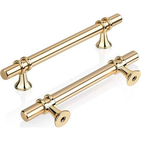 Lot de 2 Doré T Poignée Meuble Cuisine 96mm, Moderne Élégant Or Poignée Porte Armoire Alliage de Zinc Bouton Tiroir pour Cuisine, Salle de Bain, Chambre, Bureau Inclus Vis (1/4)