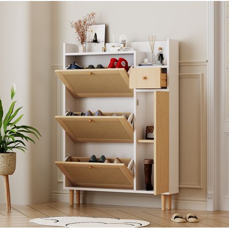 Zapatero de MDF natural y blanco, 3 puertas abatibles, 1 cajón, patas y tiradores de madera maciza, 90x17x125 cm (1/5)