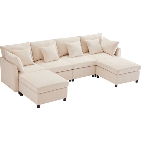 Sofá modular de chenilla beige convertible en U y en L con 2 pufs y 6 cojines (1/5)
