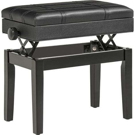 Banquette tabouret siège pour piano coffre intégré hauteur réglable bois hévéa assise revêtement synthétique noir (1/3)