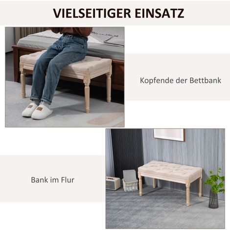 Banc rembourré vintage avec boutons, aspect lin beige, 80x40x43 cm, charge max 120 kg, banquette d'entrée et séjour, assise capitonnée élégante. (1/5)