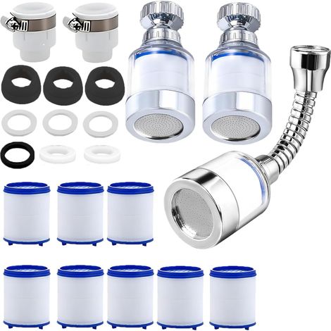 Lot de 3 Filtre à Eau pour Robinet 360°,Filtre eau Robinet Anti Calcaire Rotatif à 360° + 8 Éléments Filtrants en Coton PP Détartreur de Robinet pour la Cuisine,L'évier,la Maison et la Salle de Bain (1/5)