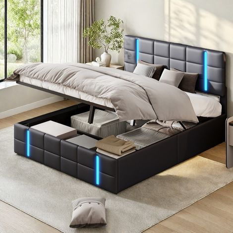 Lit double en similicuir noir (PU) 140 x 200–Lit adulte avec bande LED–Port USB et Type-C–Tête de lit rembourrée à carreaux–Style industriel rétro