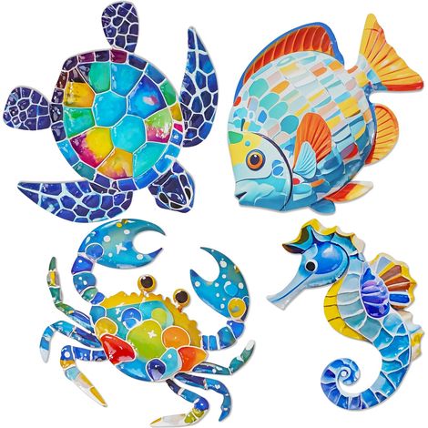 Décoration murale de plage en métal 3D colorée - Tortue de mer, poisson, crabe, hippocampe, impression UV, décoration murale pour la (1/5)