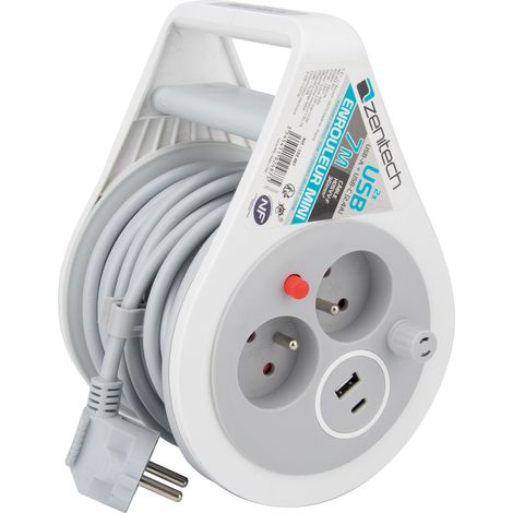 Zenitech – Mini enrouleur électrique 2 prises 2P+T et 2 USB – Câble 7m H05VVF 3G1mm² – Puissance USB 2,4A pour recharge rapide