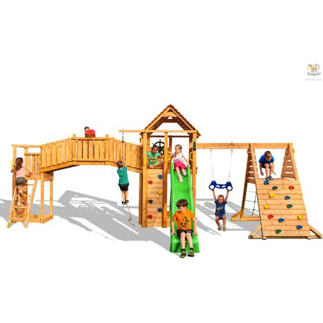 Fungoo Spielturm "Maxi Set Fortress TipTop Rainbow Spider+", teak, mit Rutsche, Holzdach, Griffe, Leiter, Kletterturm, Brücke, Trapez und Kletterseil