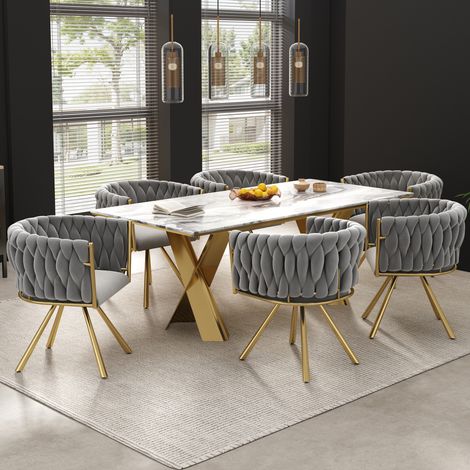 Lote de 6 sillas de comedor terciopelo gris, silla de salón, silla giratoria con patas de metal dorado (1/5)