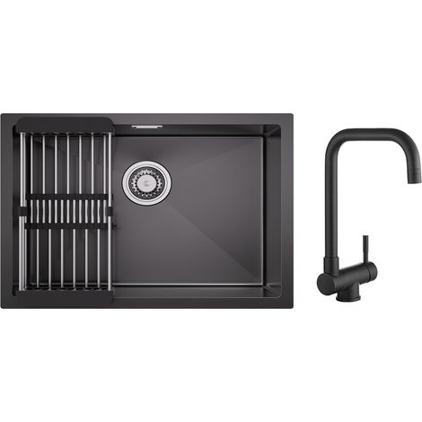 Évier 1 Bac 60×44CM Évier Cuisine Inox avec Panier de Drainage + Mitigeur Rabattable Robinet Pliable Mitigeur Sous Fenêtre Noir (1/5)