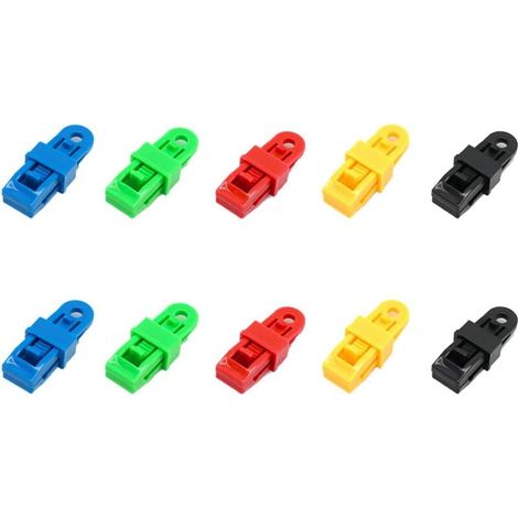 Jeu de 10 Pince pour bache,Clips/Attache /tendeur Elastique de bache,poignée de Verrouillage Robuste et réglable pour bâche et Toile d'ombrage(10pc)noir, jaune, vert, bleu, rouge (1/5)